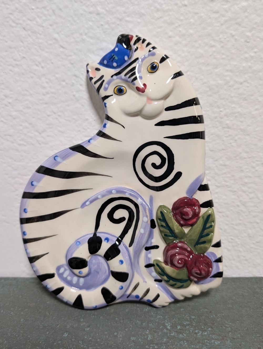 Dana Simson Cat Spoon Rest Wall Hanging Whimsical Roses Black Stripes 2001 Vtg